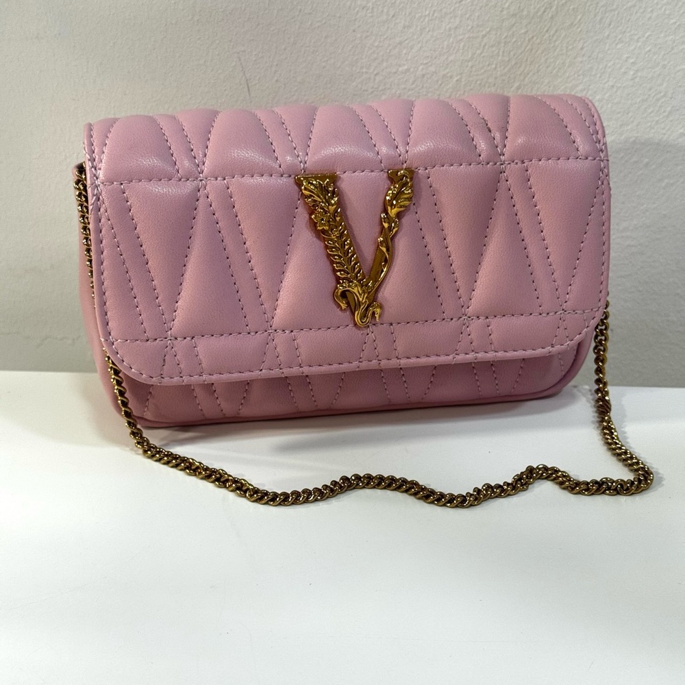 Versace Virtus Pink Quilted Crossbody Bag with Gold Chain